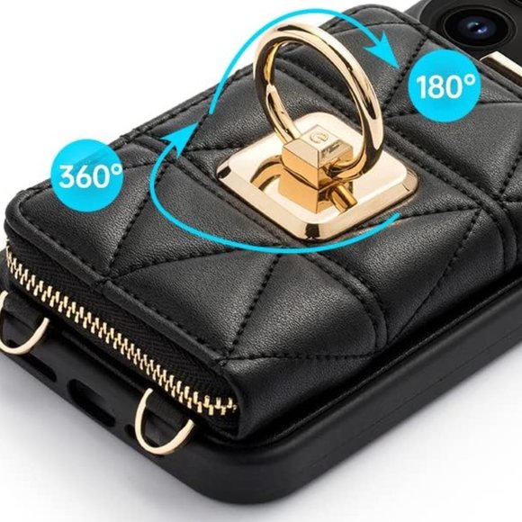 📱 iPhone 14 Pro Case Wallet Card Holder 360 Ring, Stand, Leather, Crossbody NWT - Picture 4 of 6